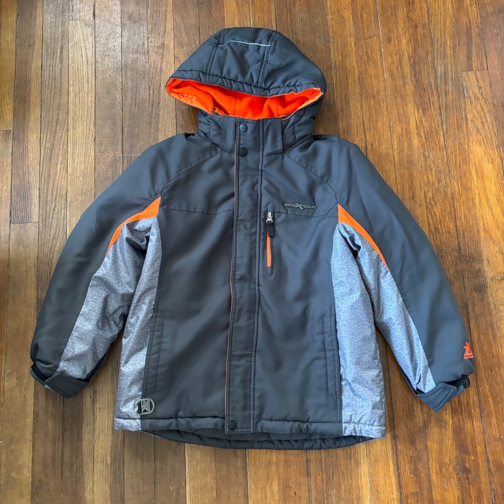 ZeroXposur Boys Winter Ski Jacket Gray Orange Hooded Puffer Coat Size M 10/12